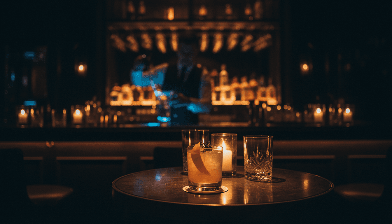 Intimate speakeasy bar with dim lighting, craft cocktail in focus, candlelit ambiance