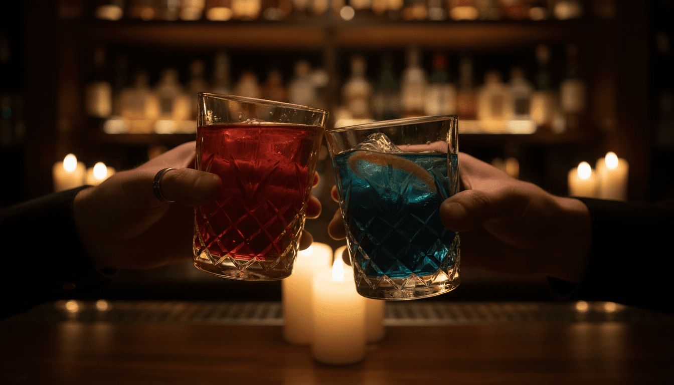 Two cocktail glasses clinking together in celebration at an upscale speakeasy bar