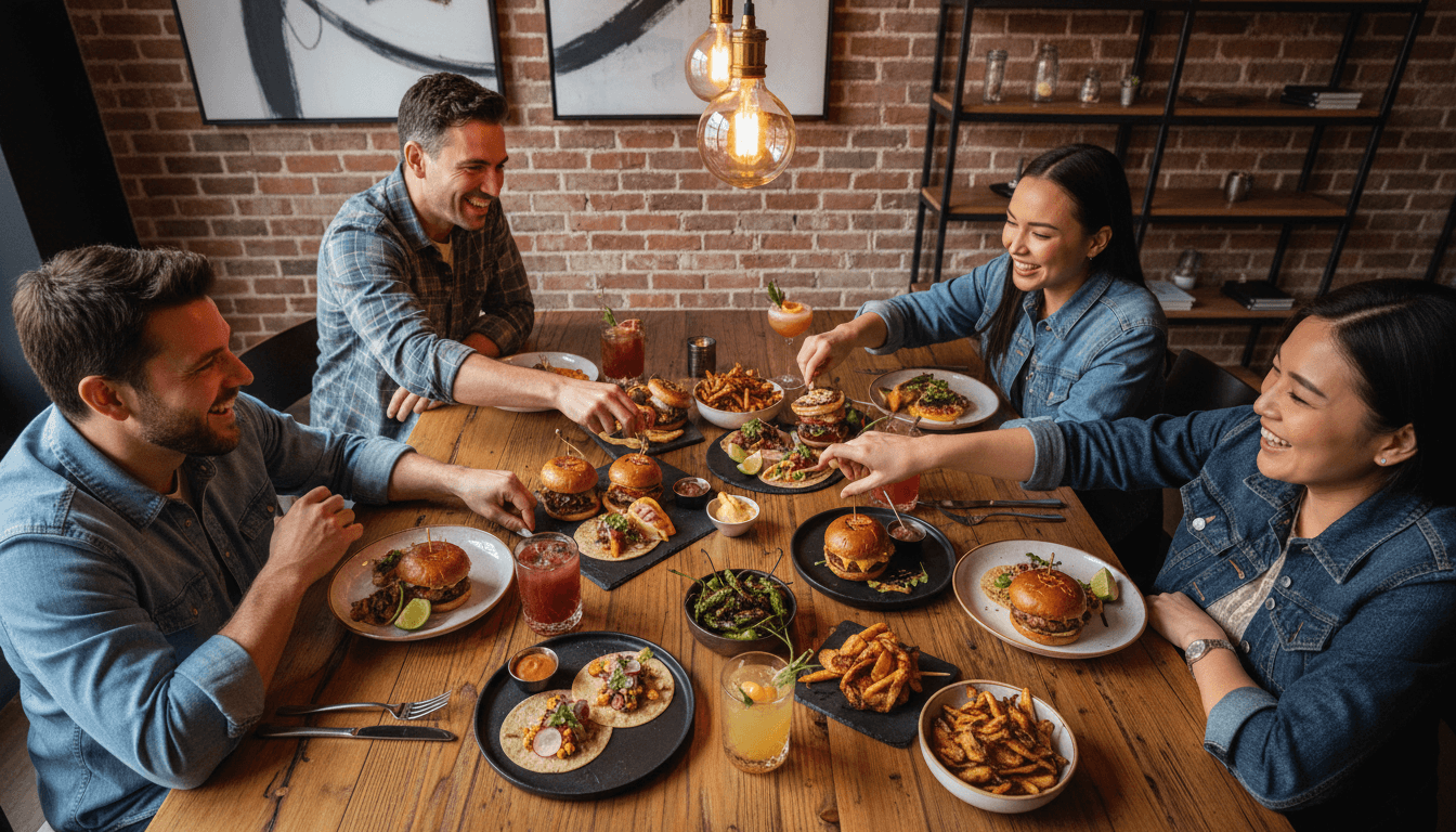 Guests dining and toasting with elevated small plates and craft cocktails