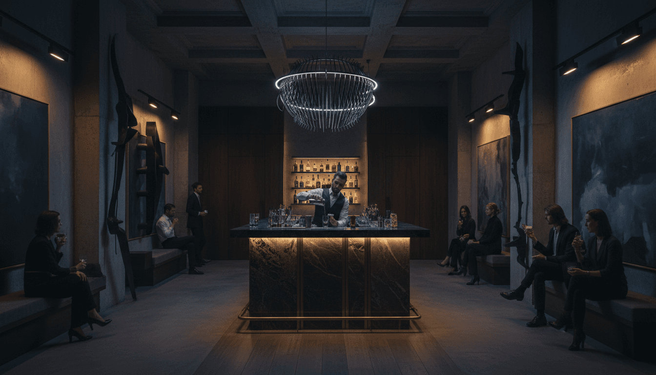 Moody speakeasy bar with live DJ and guests enjoying craft cocktails and dancing