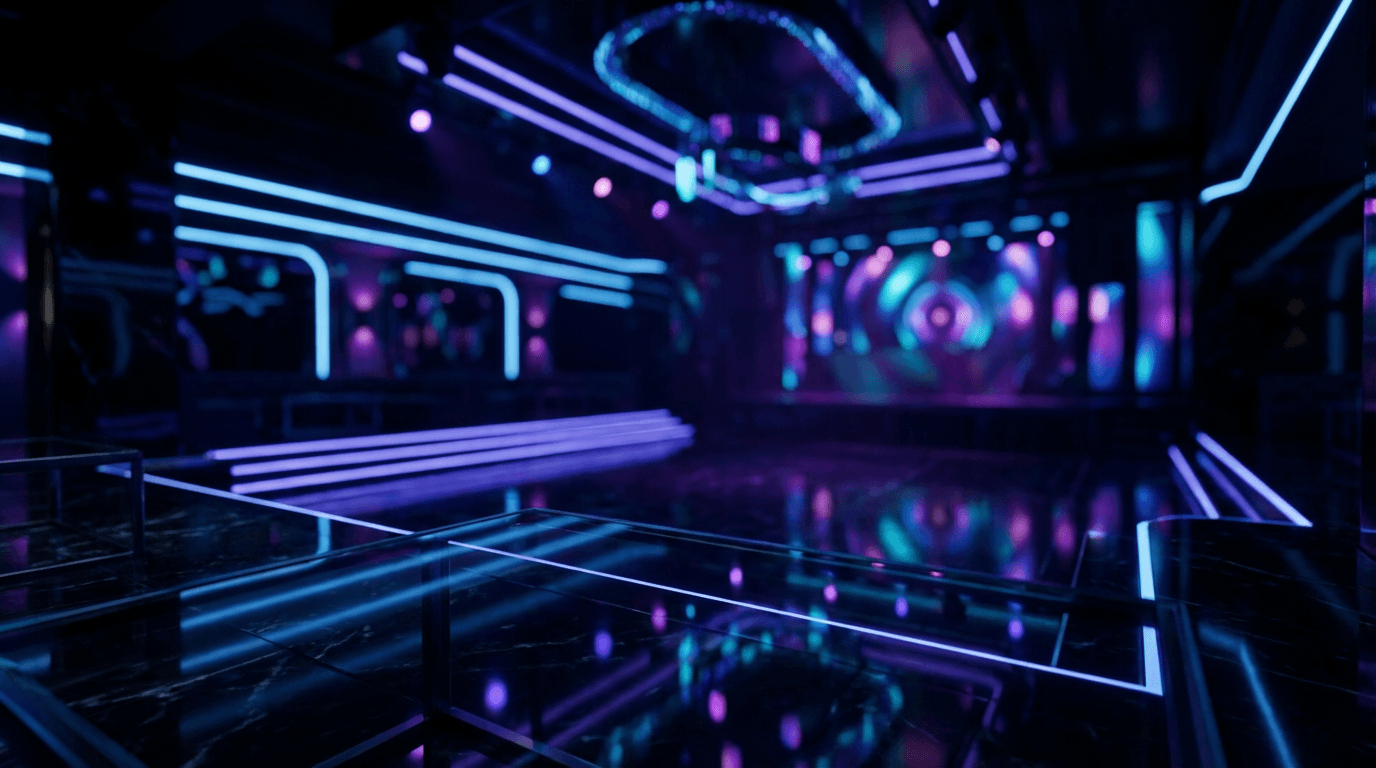 DJ mixing music at an upscale nightclub with moody dramatic lighting and guests enjoying cocktails