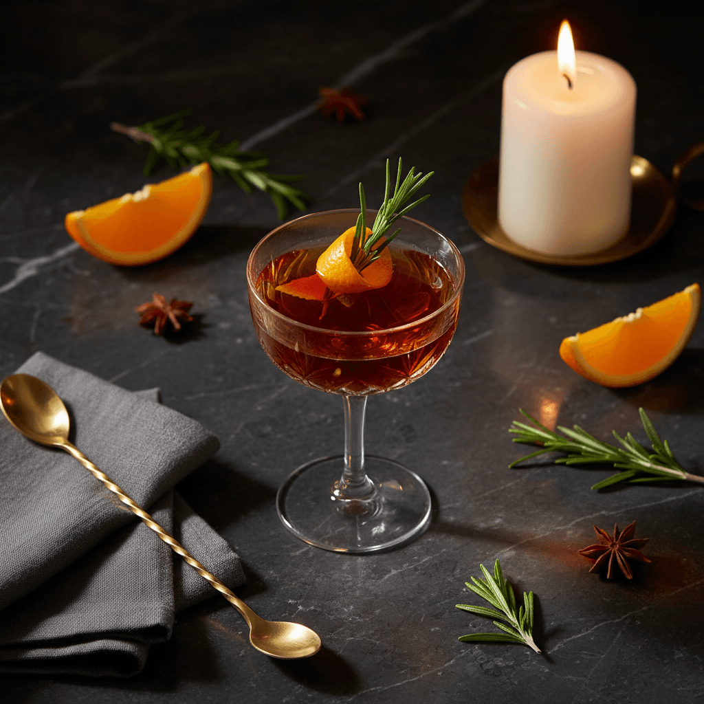Craft cocktails with smoking garnish on dark wood bar, candlelit ambiance